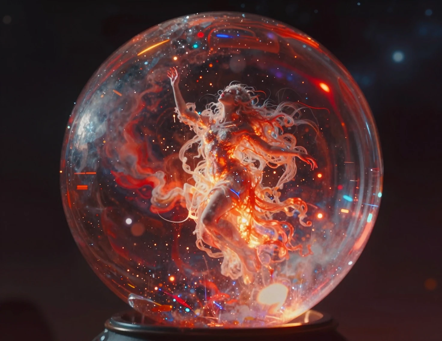Ser cósmico etéreo encerrado en un orbe de cristal luminoso