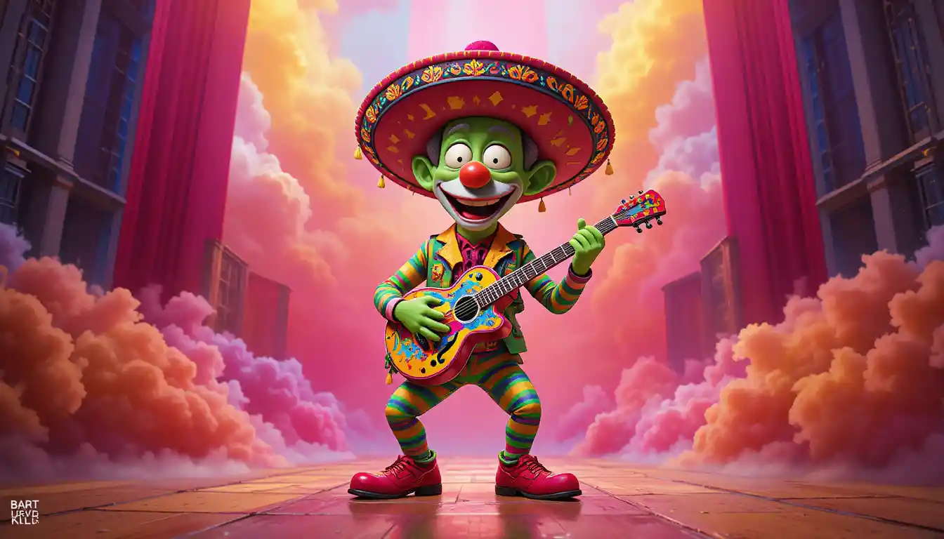 Green cartoon clown guitarist in vibrant mexican costume