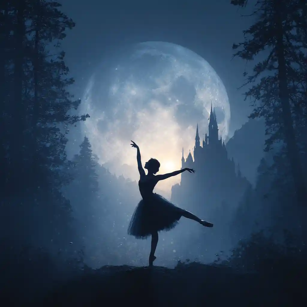 Silhouetted ballerina dancing before a giant silver moon