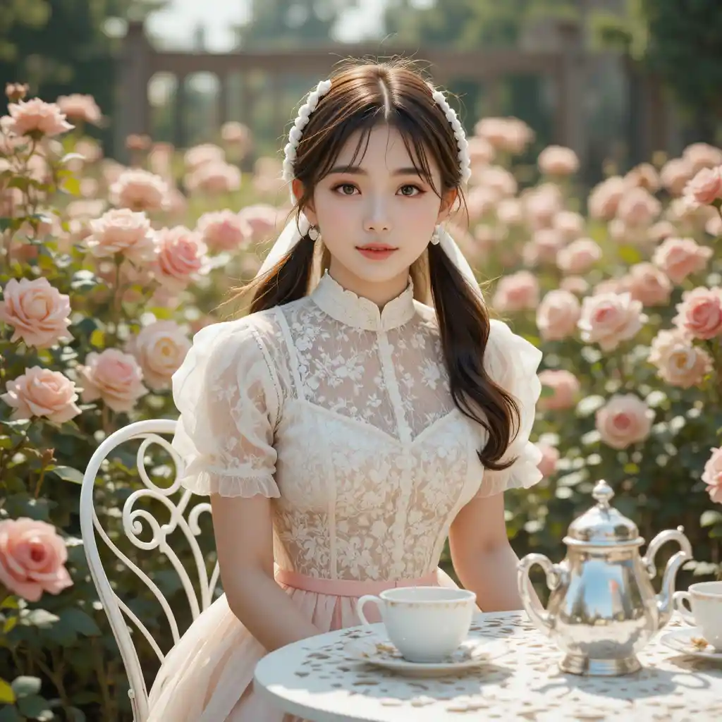 Schüchternes koreanisches College-Mädchen im Spitzenkleid im Rosengarten