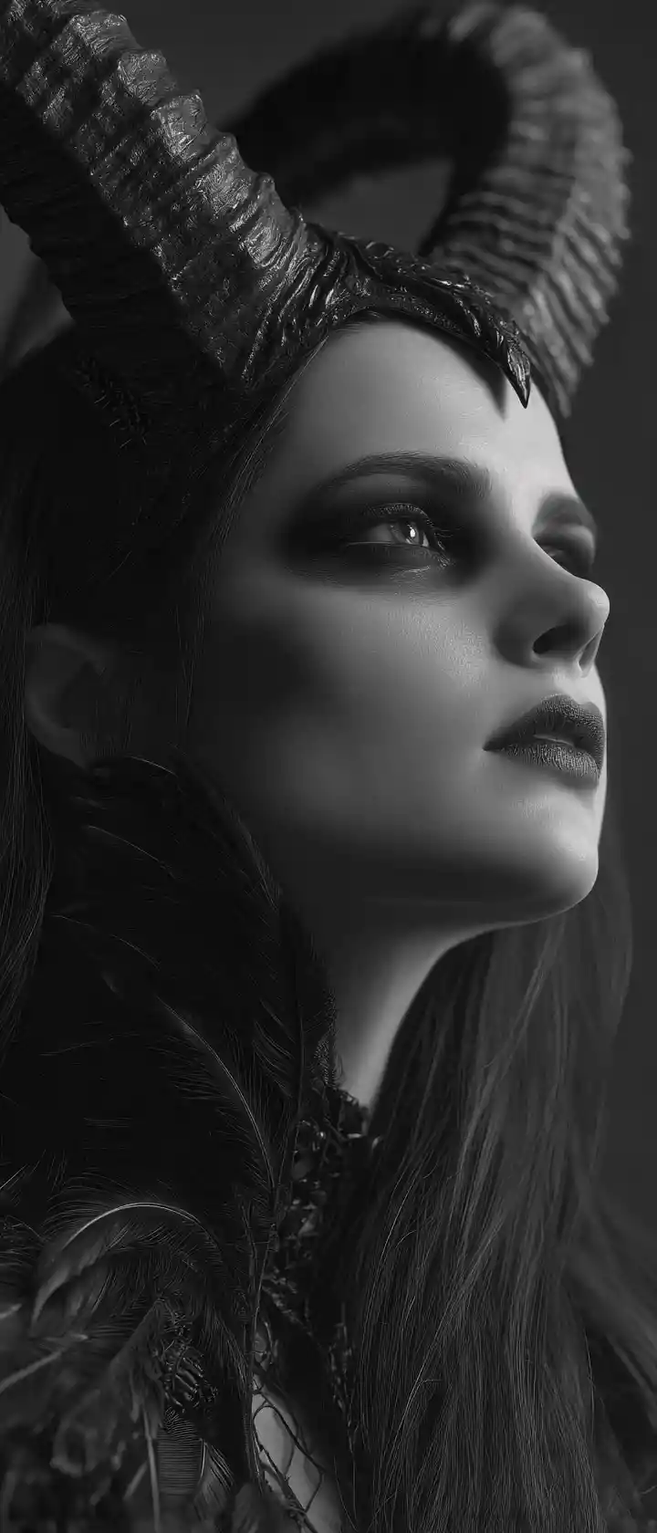 Gothic horned woman in surreal black and white portrait