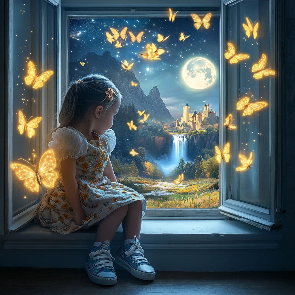 Little girl on windowsill watching glowing butterflies at night
