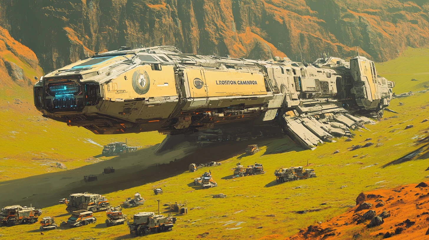Gigantic tan cargo spaceship landing beside small outpost town