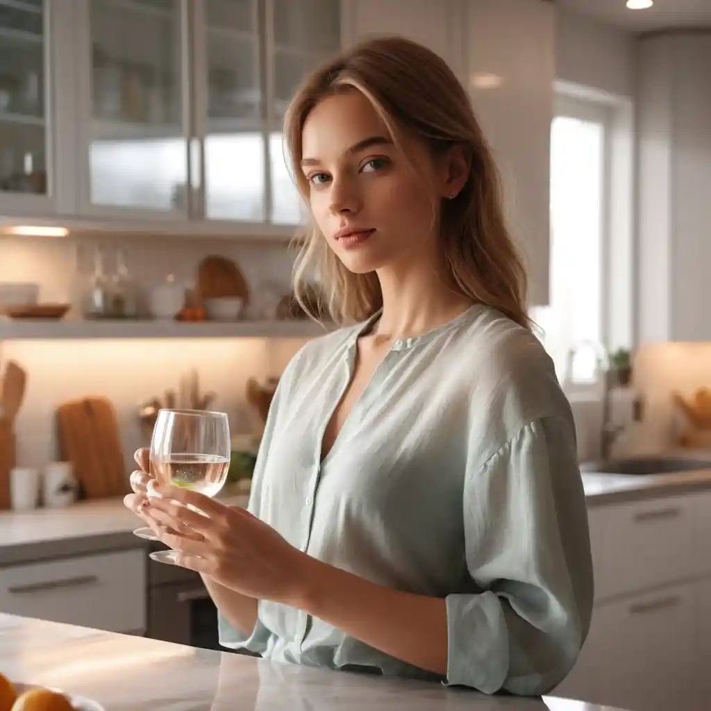 Modern girl holding glass in stylish soft lit kitchen