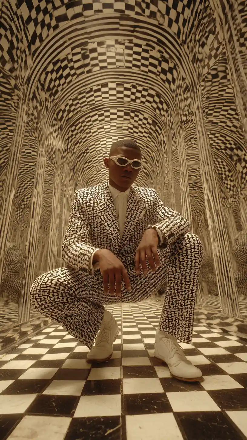 Hombre con traje vintage posando en pasillo surrealista de espejos