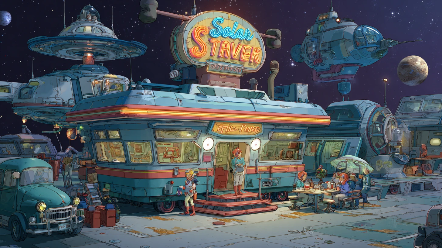 Colorful space diner with visiting family spaceships