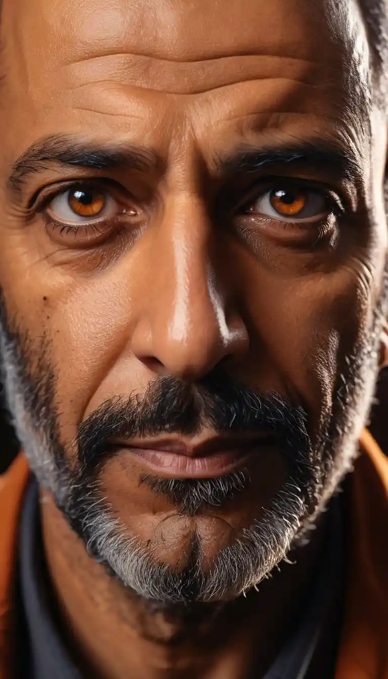 Extreme Close Up Of Cunning Middle Aged Man In Amber Light