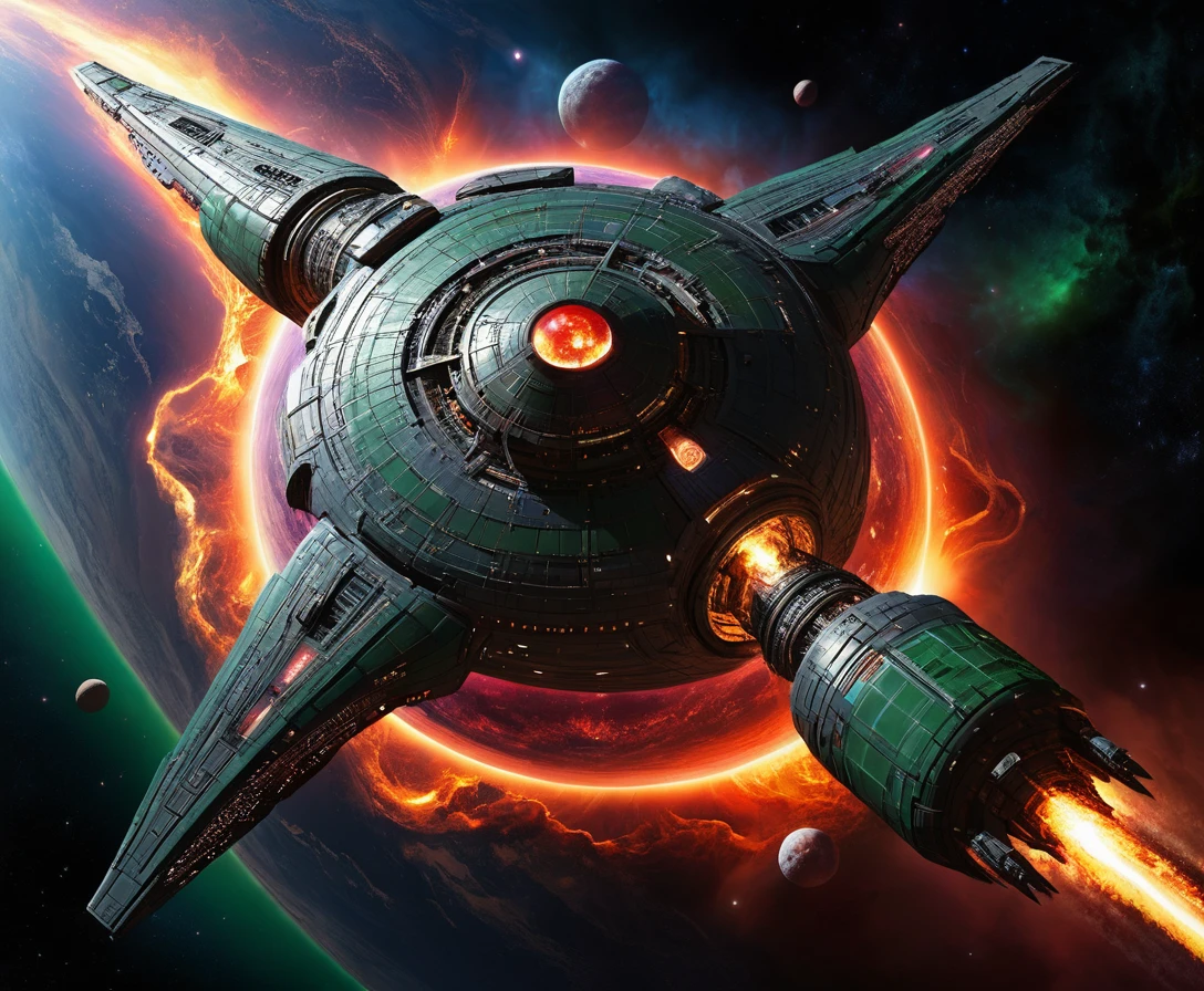 Colossal alien warship emerging from a blood red nebula
