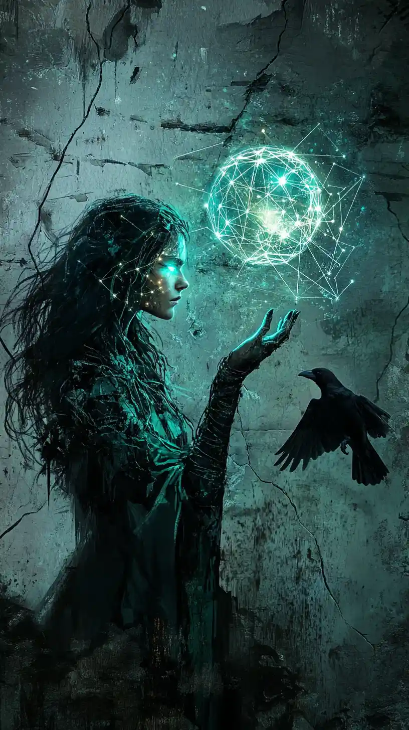 Mystic woman holding glowing orb of digital constellations