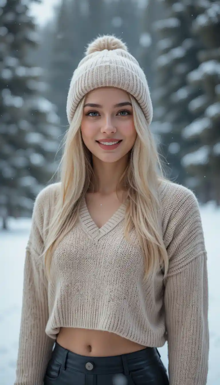 Blonde woman in beige sweater standing in snowy evergreen forest