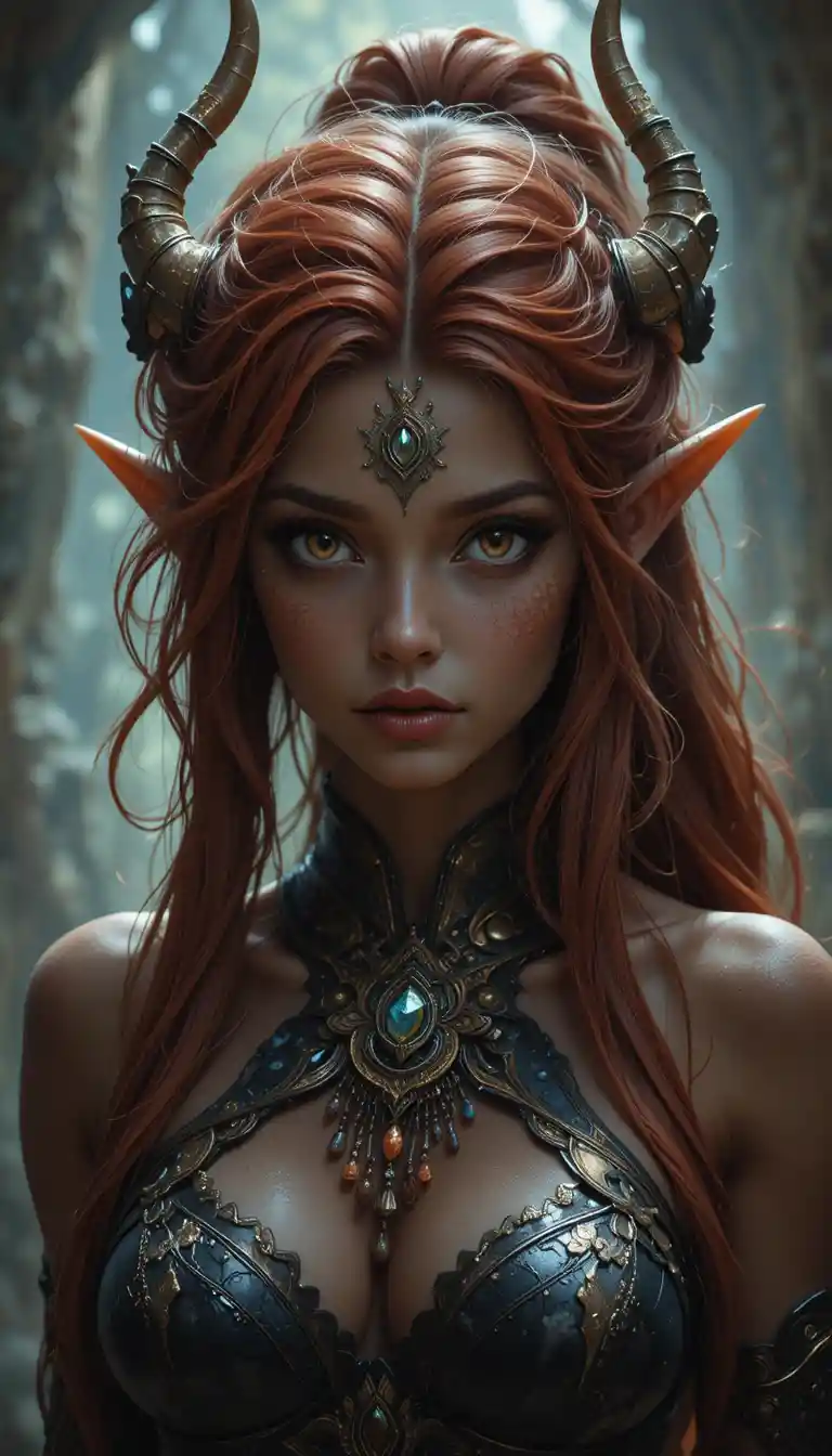 Brown skinned fantasy siren mage woman with red wavy hair