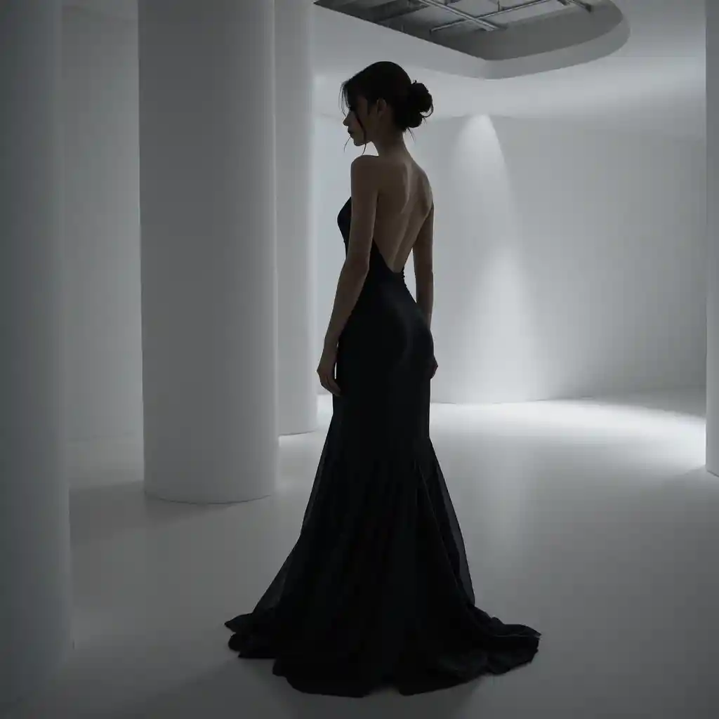 Korean woman in black backless gown in white gallery profile