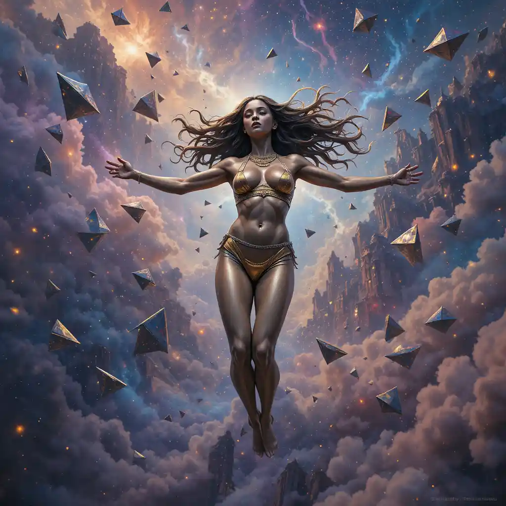 Bronze statue girl with long hair flying in outer space