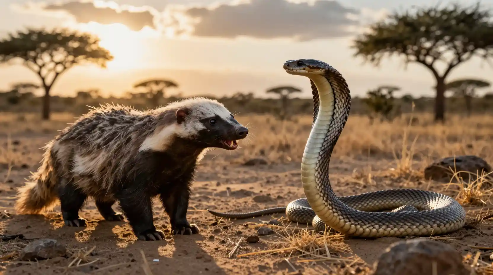 Tasso del miele e cobra in uno scontro al tramonto dorato della savana