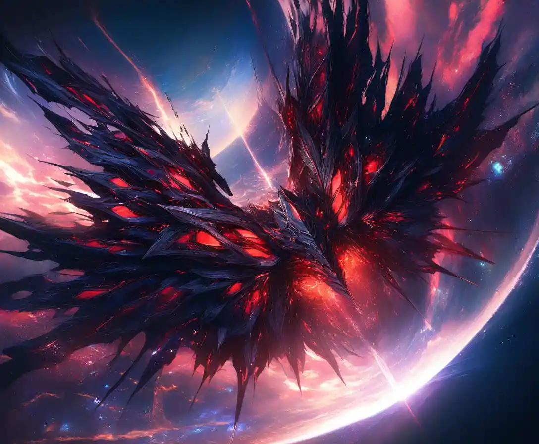 Massive alien warship looming above a distant blue planet