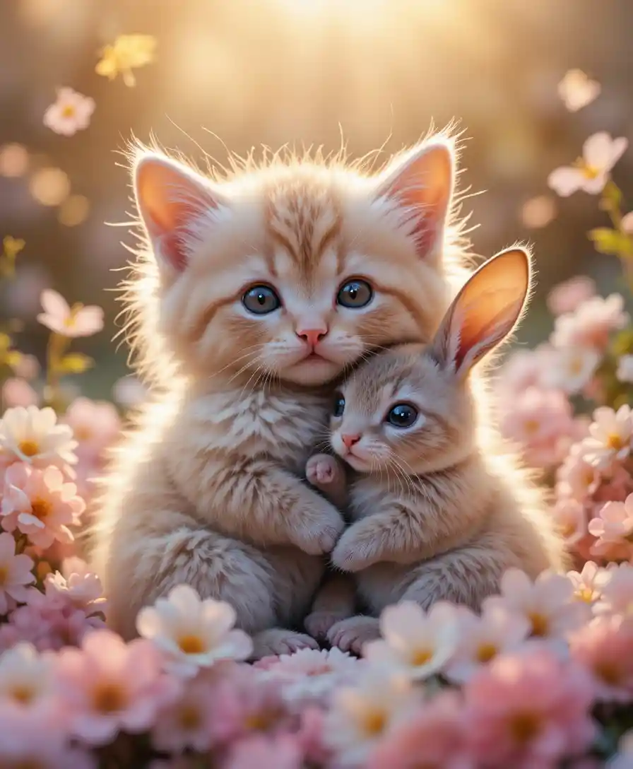 Adorable kitten and baby rabbit cuddling in pastel flowers