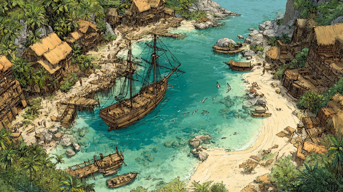 Dramatic fantasy illustration of a hidden pirate cove harbor