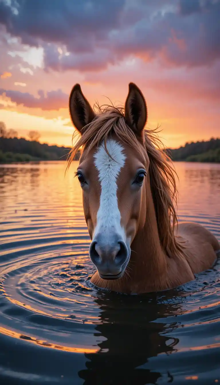 Foal Emerging From Lake At Colorful Sunset