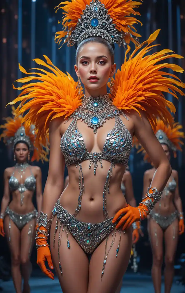 Showgirl in silver costume with orange feathers on stage