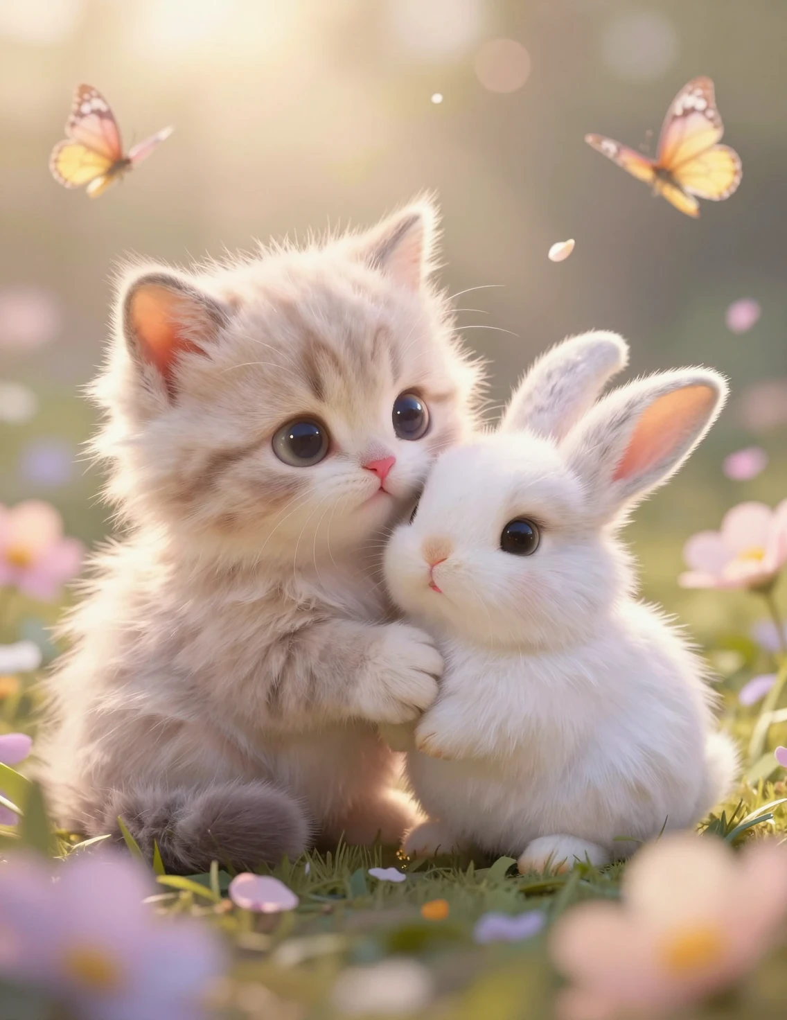 Fluffy kitten and baby rabbit cuddling in pastel flowers