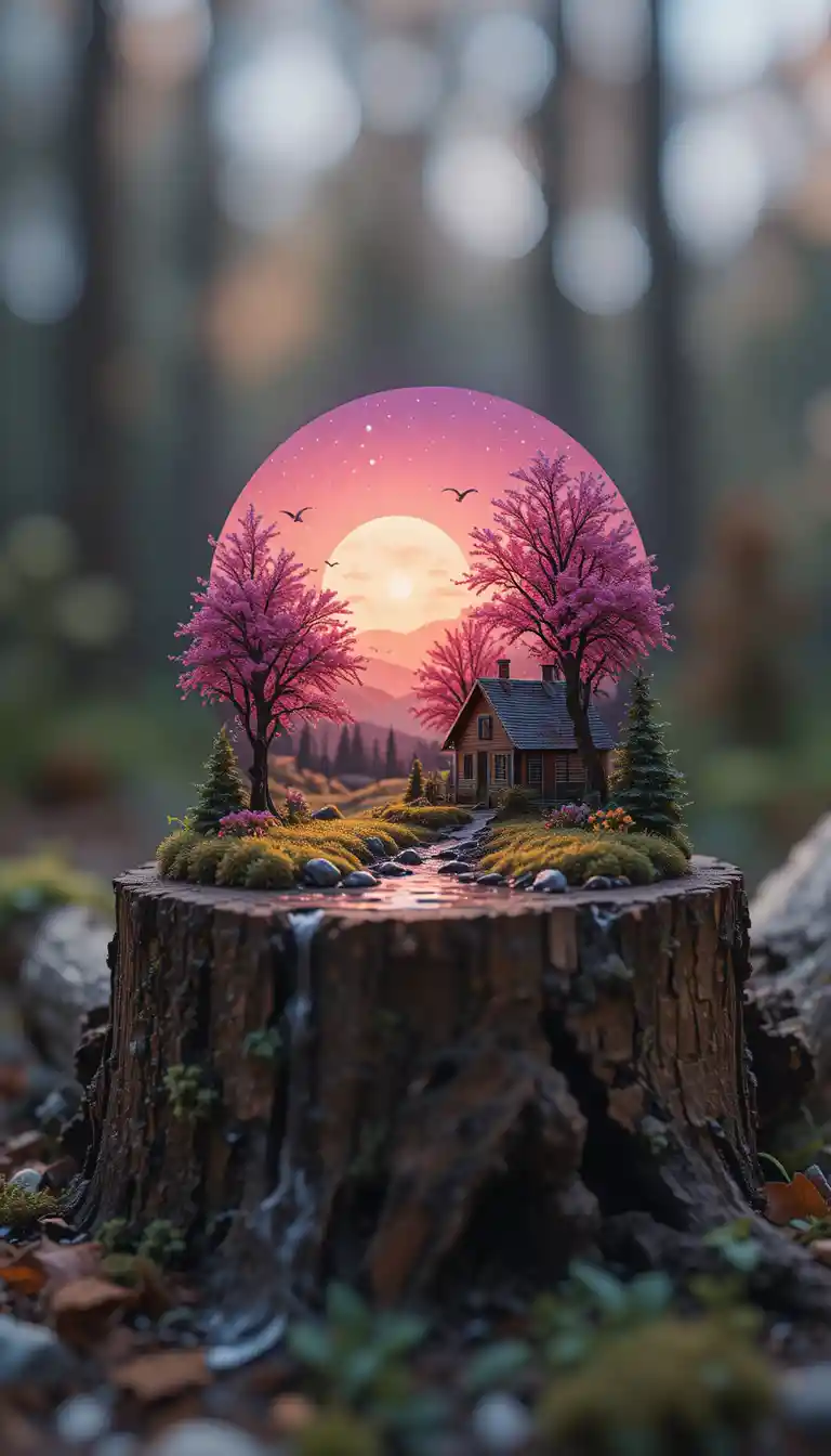 Scena macro di un gufo su un vecchio tronco di legno al tramonto