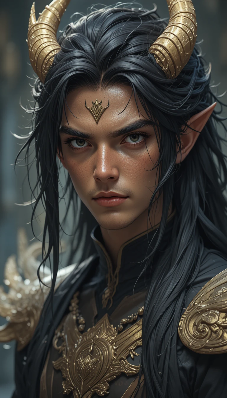 Brown skinned dragon man with long black hair and dark eyes