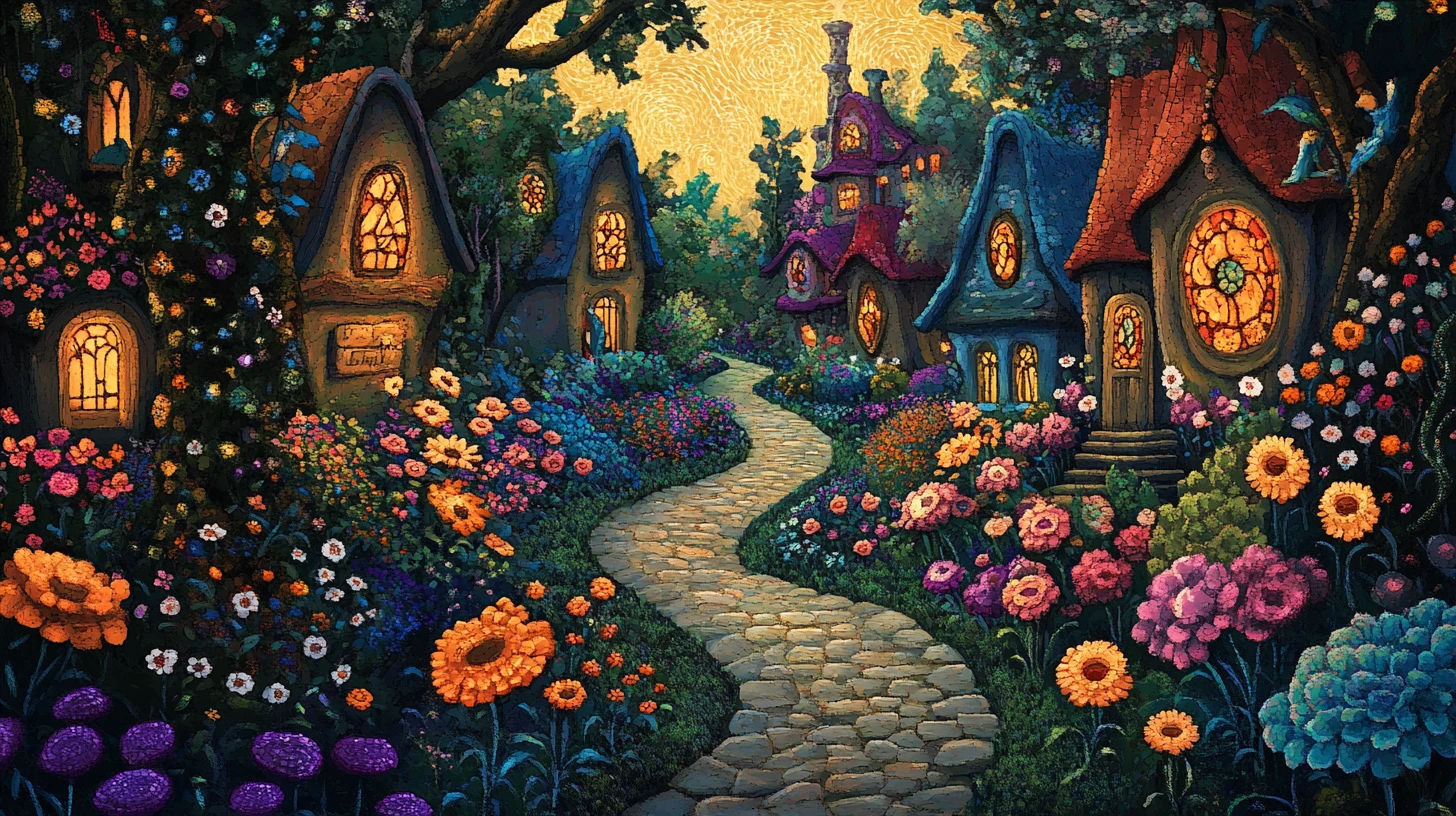 Whimsical garden path winding through stained glass cottages