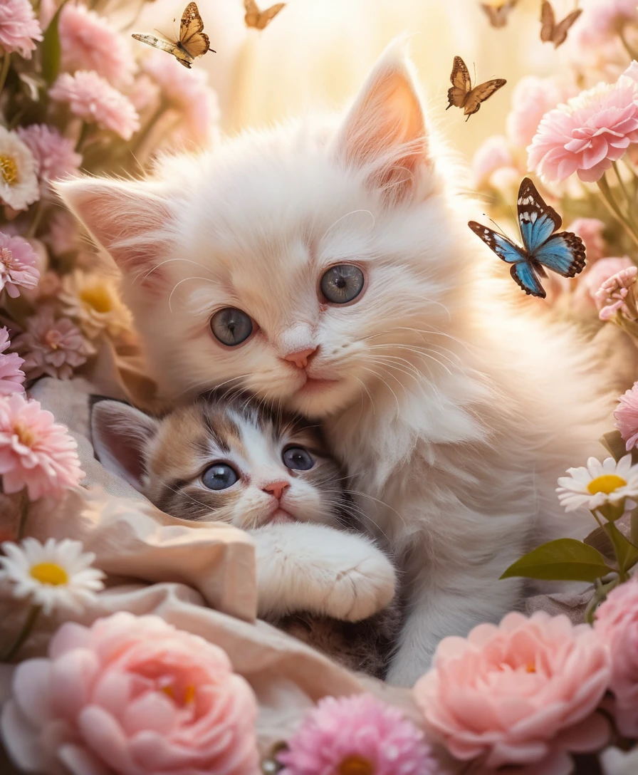 Fluffy kitten and baby rabbit cuddling in pastel flowers