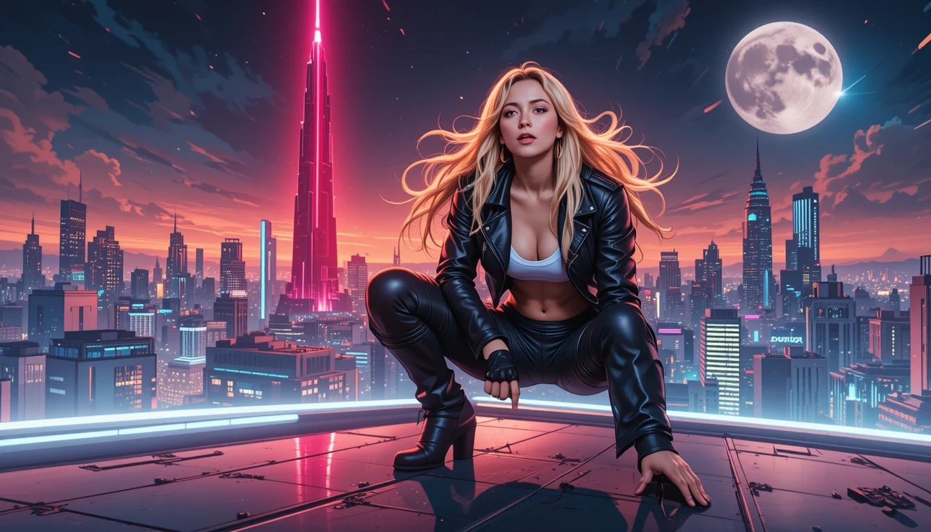 Fierce female warrior crouching on neon city rooftop