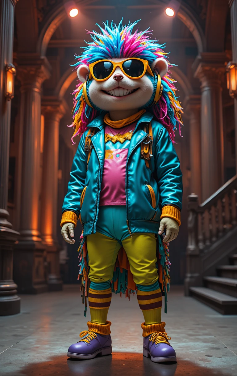 Colorful hedgehog mascot in a vibrant theatrical interior