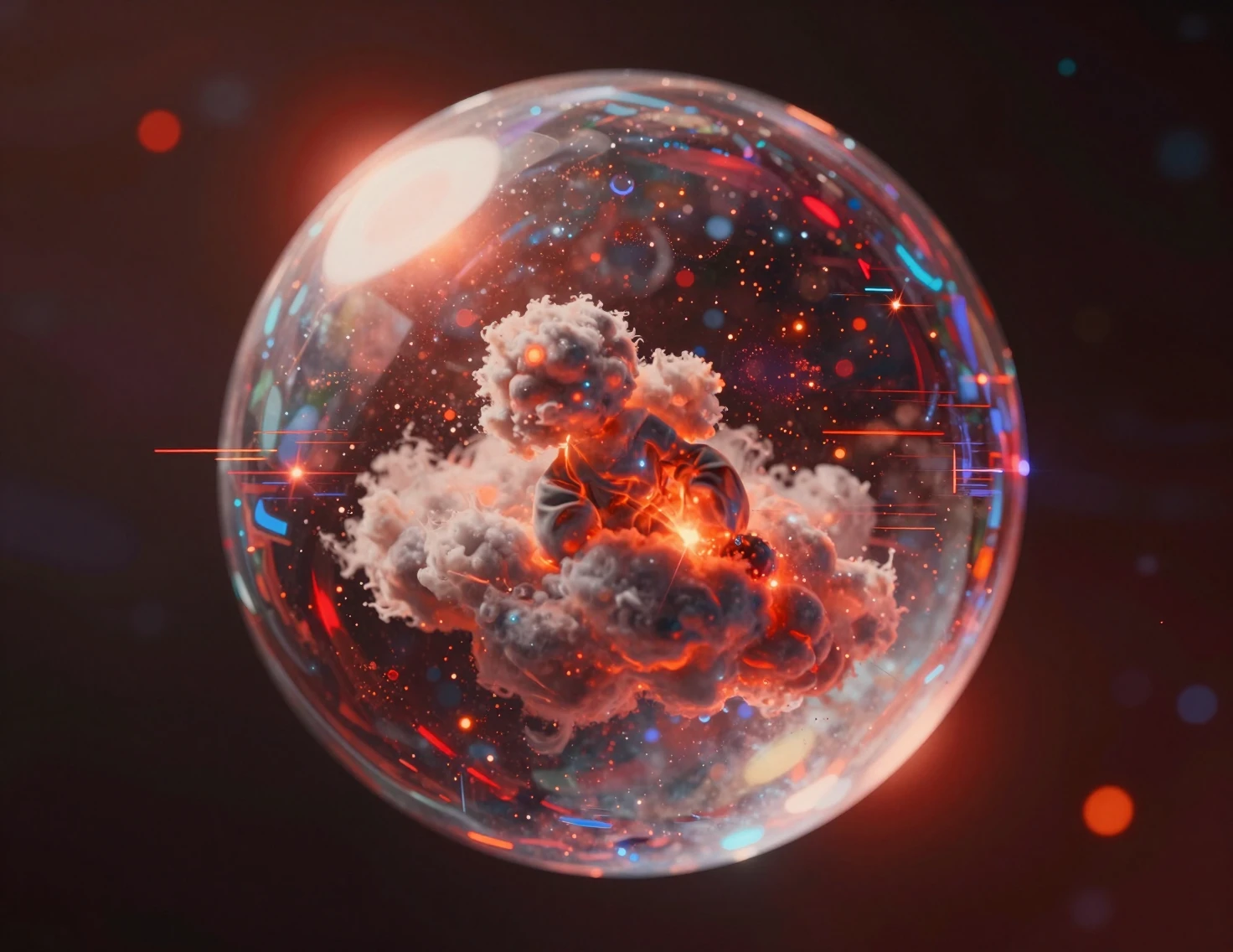 Cosmic creature trapped in a crystal globe in outer space