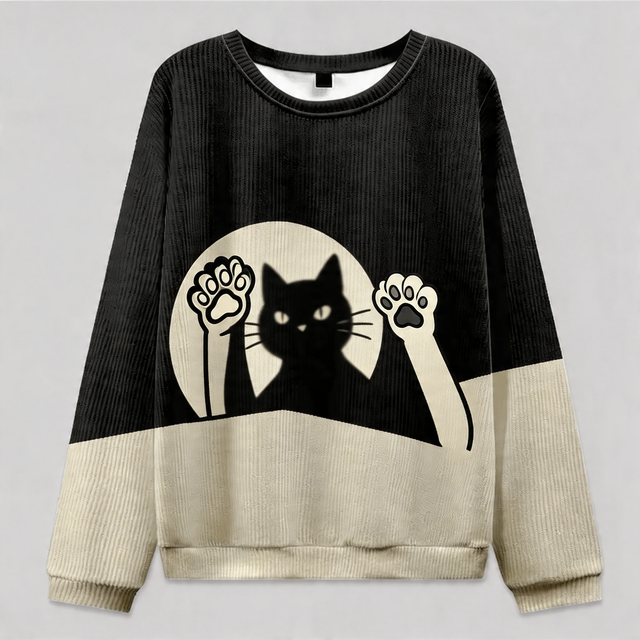 Color block knit sweater with playful cat shadow graphic