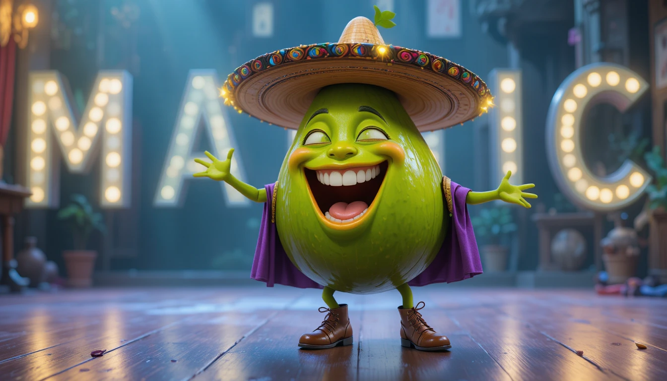 Joyful 3D avocado character dancing on magic stage