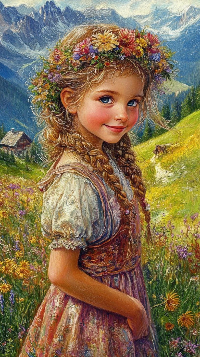 Happy girl with braids in a dirndl on an alpine meadow