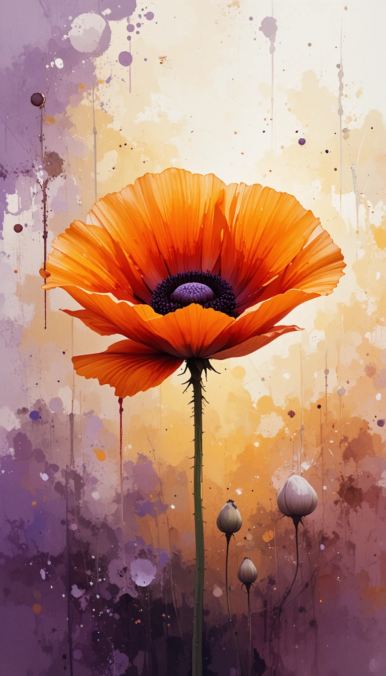 Bright orange poppy with dreamy watercolor abstract background