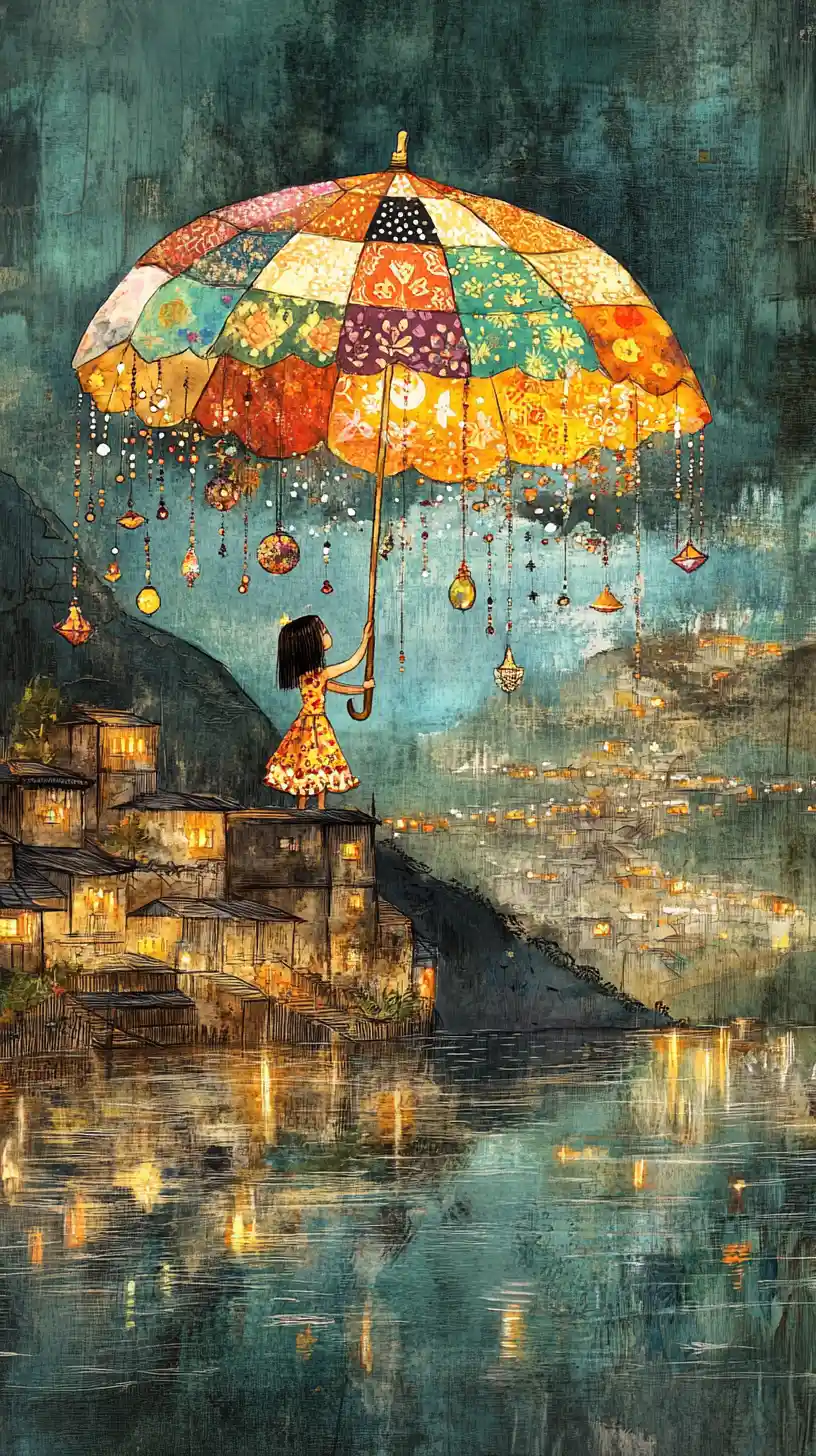 Young girl decorating a colorful umbrella by the water