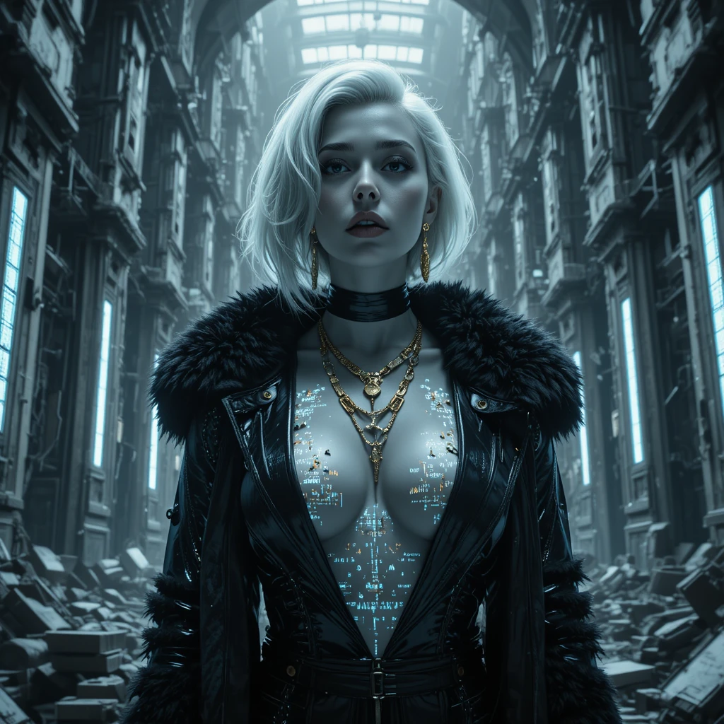 Cinematic sci fi heroine in collapsing orbital data cathedral