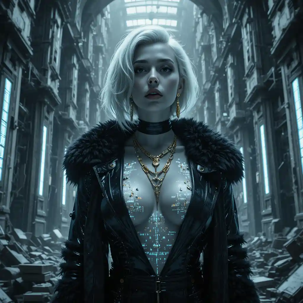 Cinematic sci fi heroine in collapsing orbital data cathedral