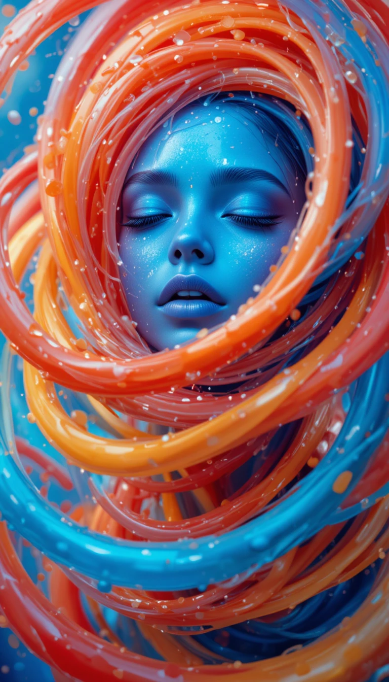 Blue androgynous face wrapped in swirling colorful tubes