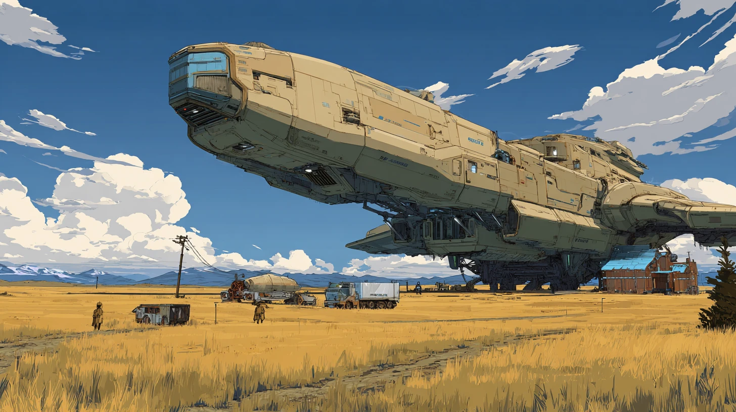 Massive tan cargo spaceship landing beside small frontier town