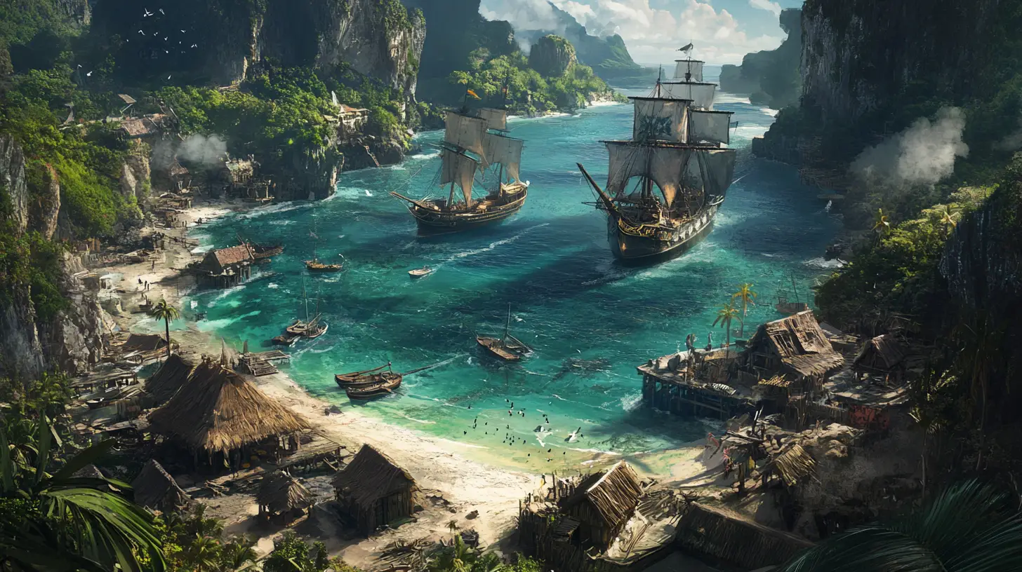 Dramatic pirate ships anchored in a clear tropical cove