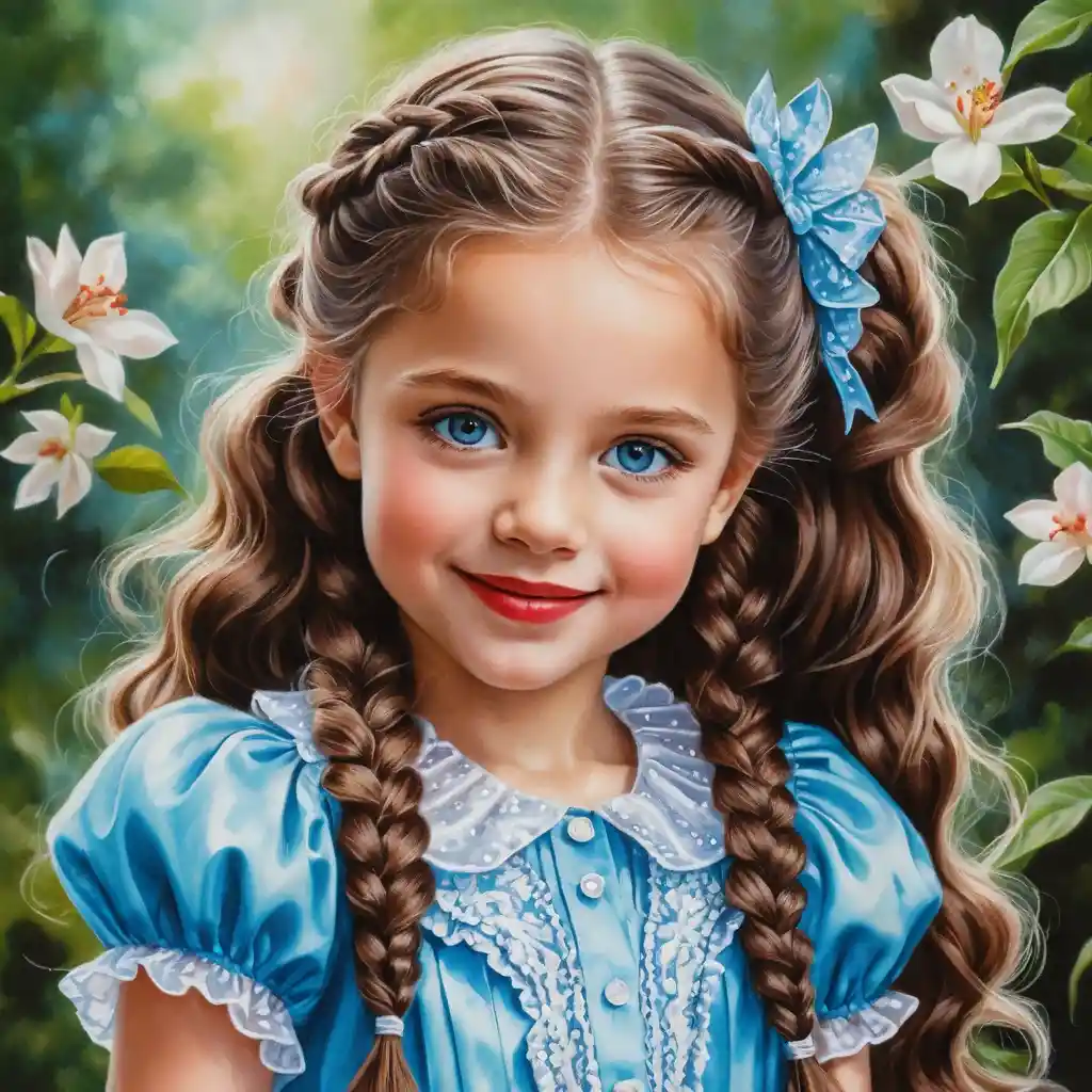 Bambina sorridente dagli occhi azzurri con lunghi capelli castani ricci intrecciati