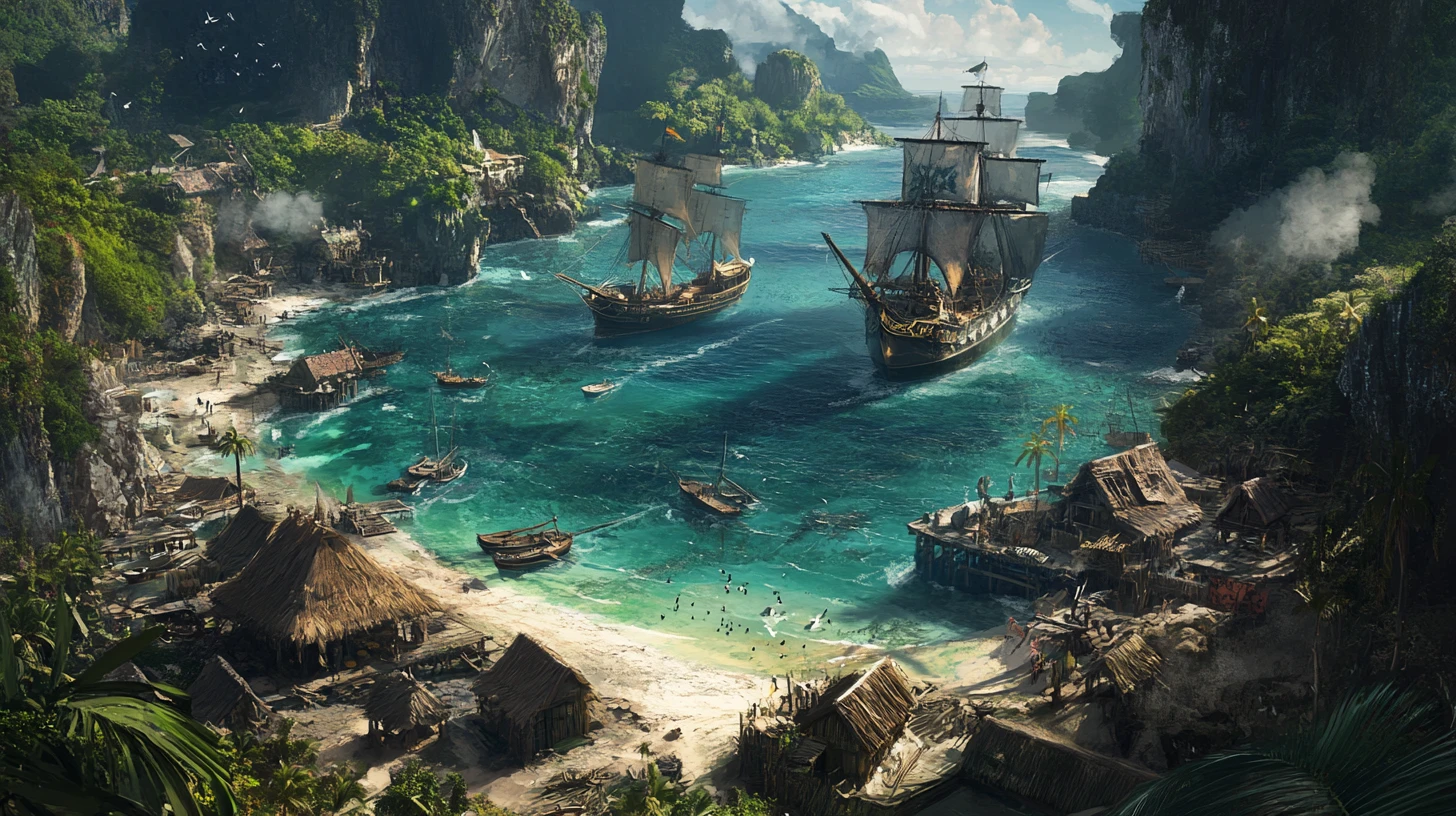 Dramatic pirate ships anchored in a clear tropical cove