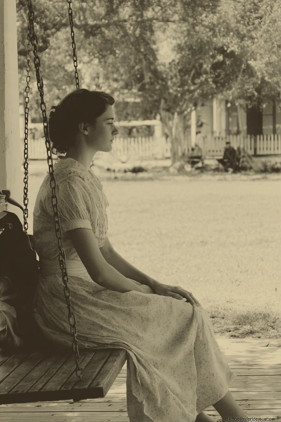 Woman sitting on a front porch swing in quiet reflection