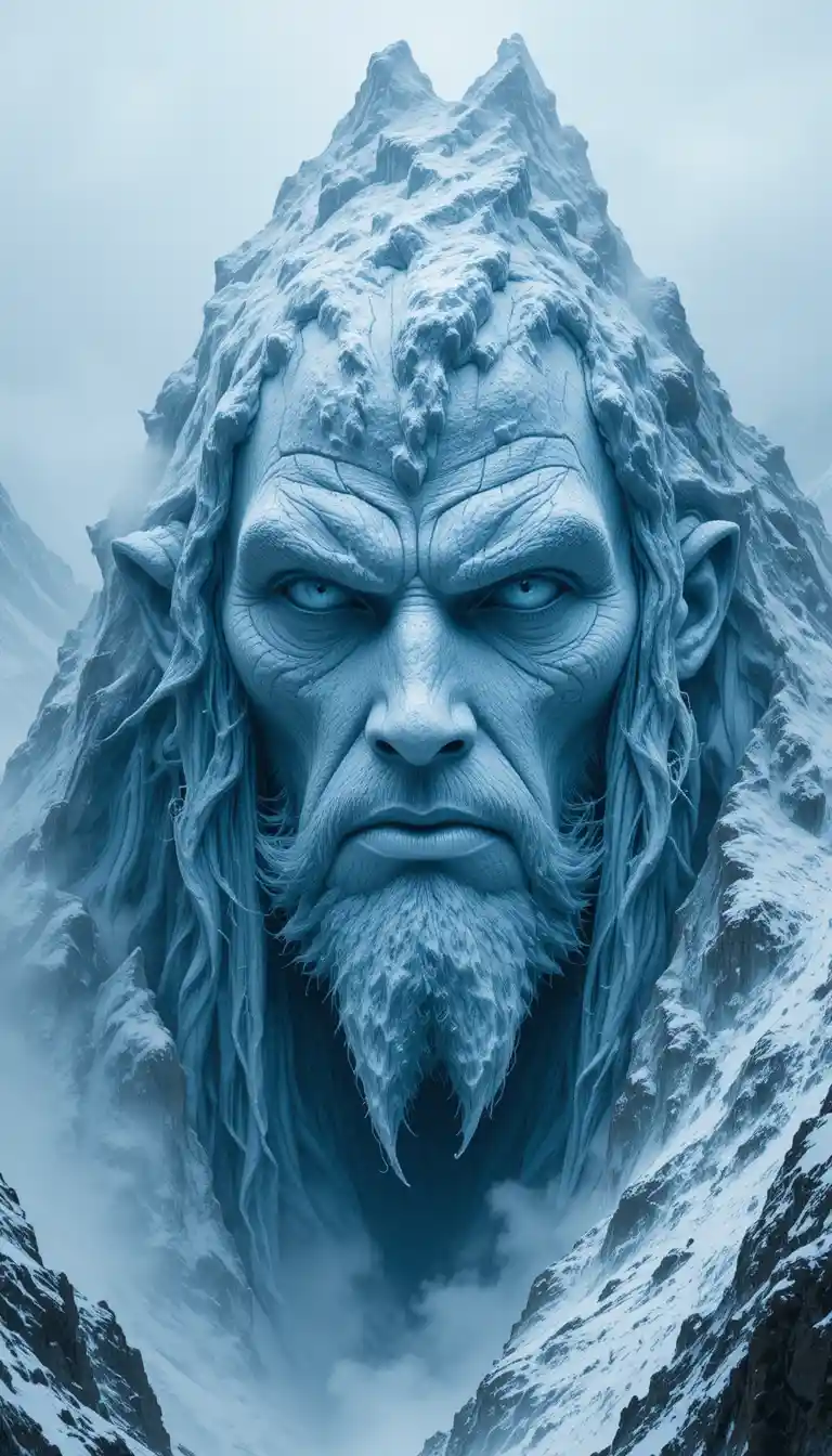 Mythic face carved into a snowy mountain peak