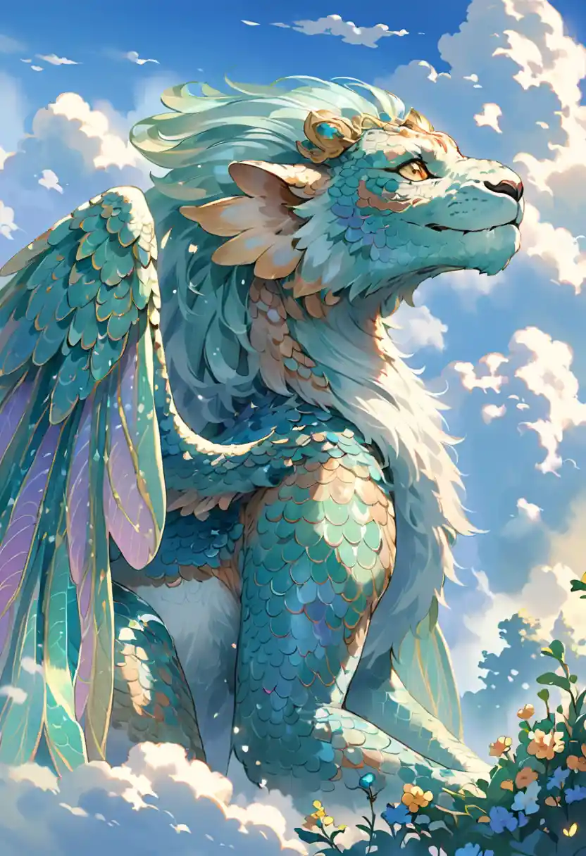 Playful dragon creature with wings in a lush spring landscape