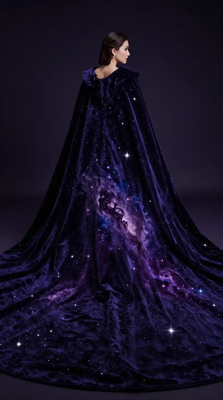 Regal velvet cape glowing with swirling galaxy stars