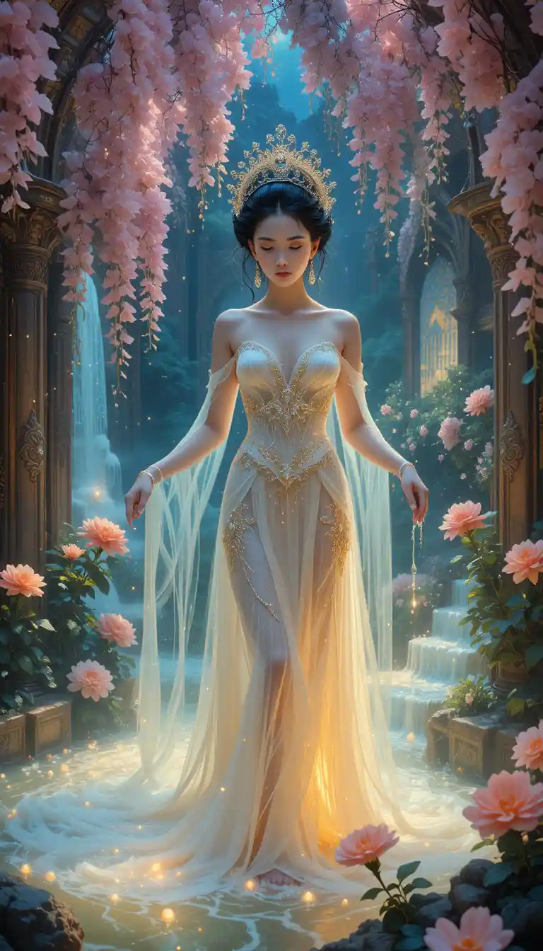 Ethereal woman among glowing wisteria in a jeweled palace