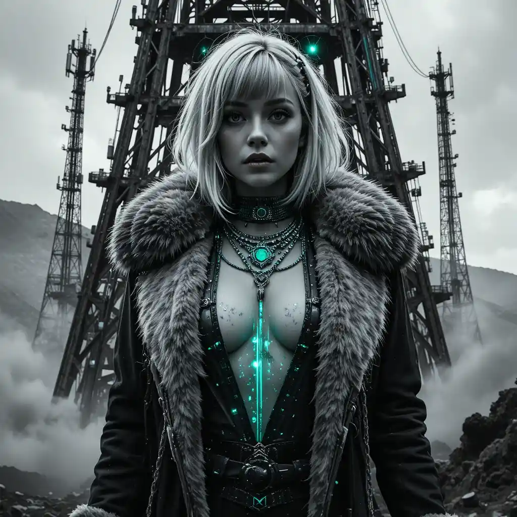 Glitch scarred portrait of a sci fi woman in a tower