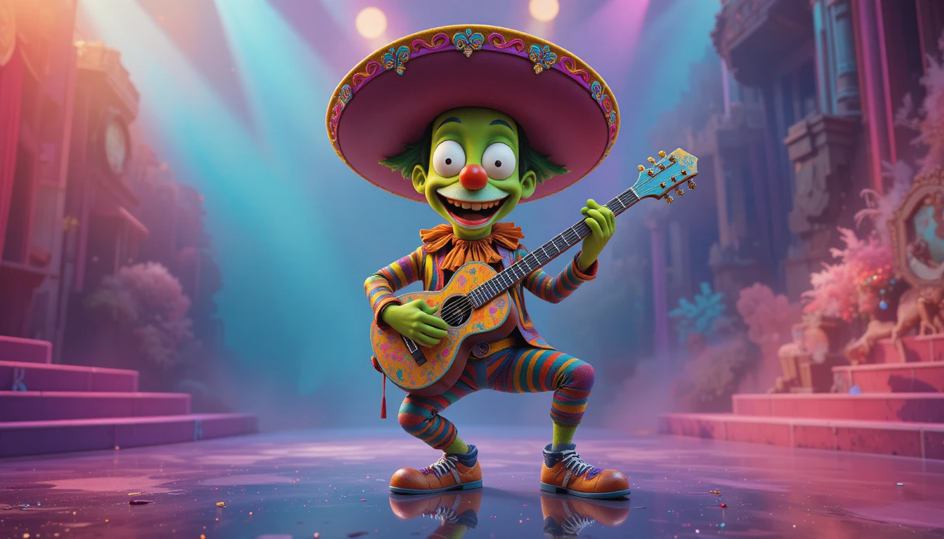 Joyful green cartoon guitarist in vibrant sombrero